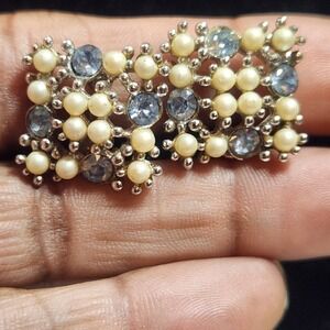 Vintage Bogoff Blue Rhinestone Faux Pearl Square Clip On Earrings Silver Tone